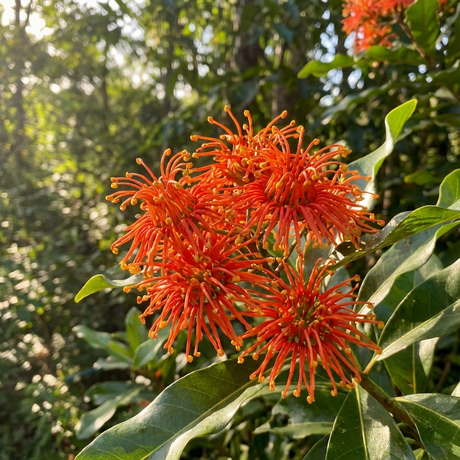 Firewheel Tree (Stenocarpus sinuatus) displays striking red, wheel-shaped flowers amid green foliage and a forest backdrop, making it an eye-catching feature tree similar to orange Grevillea blooms with spiky petals.