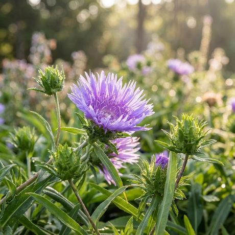 Stokes Aster - Stokesia ‘Mel’s Blue’ stands out in the sun, displaying purple blooms among green leaves and buds, adding vibrant color to any garden.
