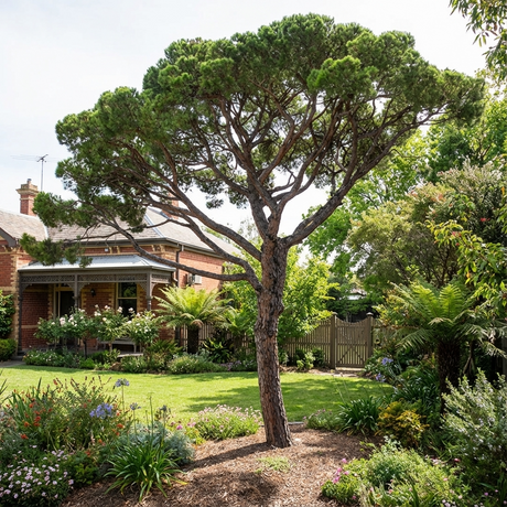 A Stone Pine (Pinus pinea) stands tall in a lush green garden before a brick house with a covered porch.
