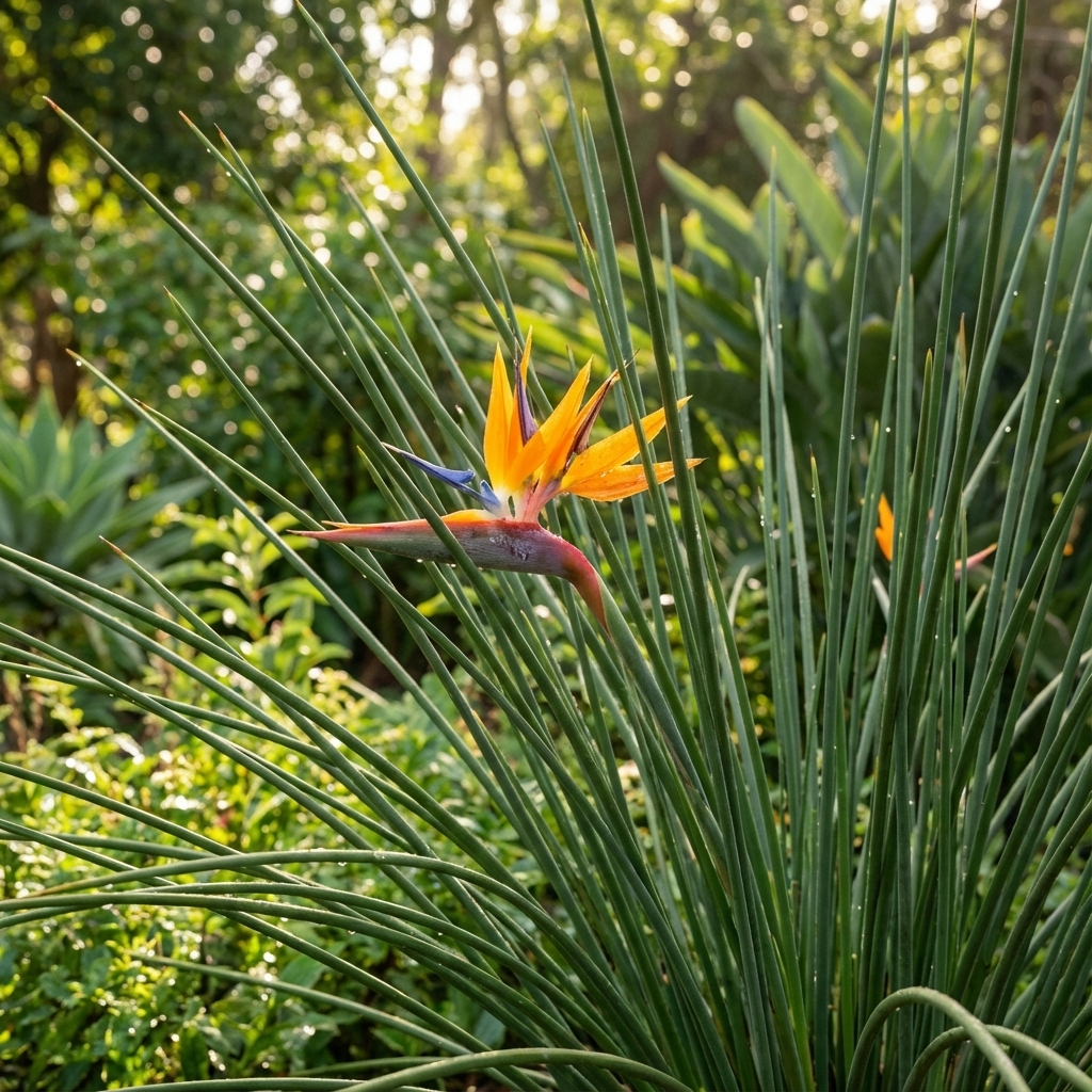The Juncea Bird of Paradise (Strelitzia parvifolia var. juncea) features orange petals and spiky green leaves, making it a standout among tropical blooms with striking architectural foliage in any lush garden.