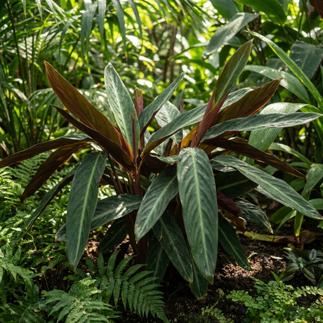 Stromanthe sanguinea features long, dark green and maroon leaves, thriving among ferns in gardens or as a striking indoor plant.