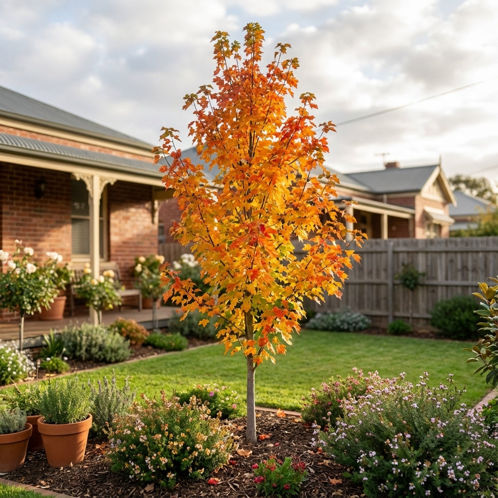 A Sugar Maple (Acer saccharum) adds vibrant autumn colour in a neat garden, enhancing the area in front of a brick house with its brilliant seasonal foliage.