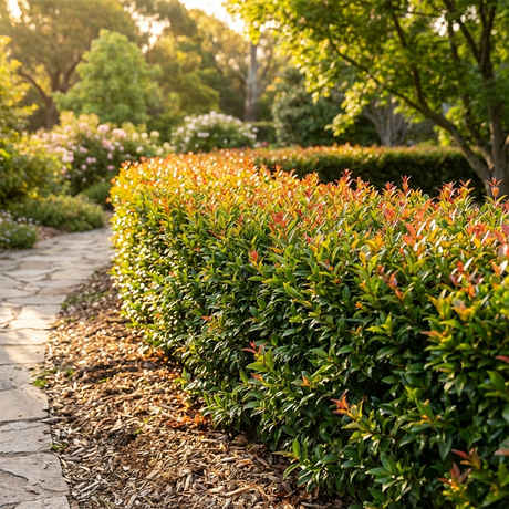 A sunlit garden path curves beside neatly trimmed Sunset Lilly Pilly - Syzygium ‘Sunset’, an Australian native ideal for hedging and screening, with lush green trees in the background.