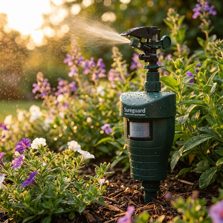 The Sureguard Scarecrow Motion Activated Water Spray Animal Repellent protects your flower garden, spraying water to deter animals among purple and white blooms.