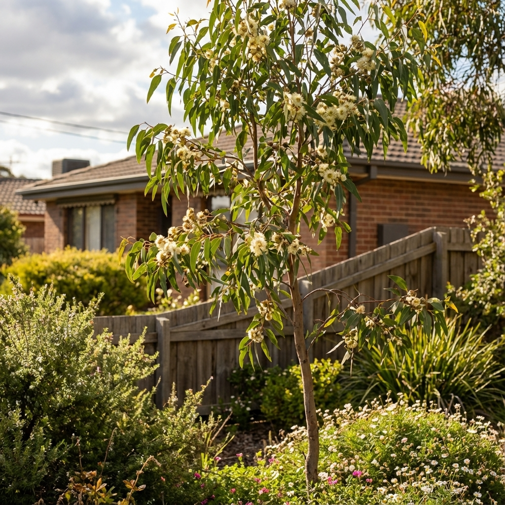 Swamp Yate (Eucalyptus occidentalis), a small Australian native tree, blooms in a sunny garden with a wooden fence and brick house in the background.
