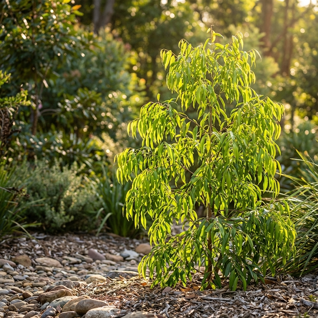 A young Sweeper Weeping Lilly Pilly (Waterhousea floribunda ‘Sweeper’), an Australian native with slender green leaves, thrives in sunny, rocky gardens among other plants—perfect for privacy hedging.