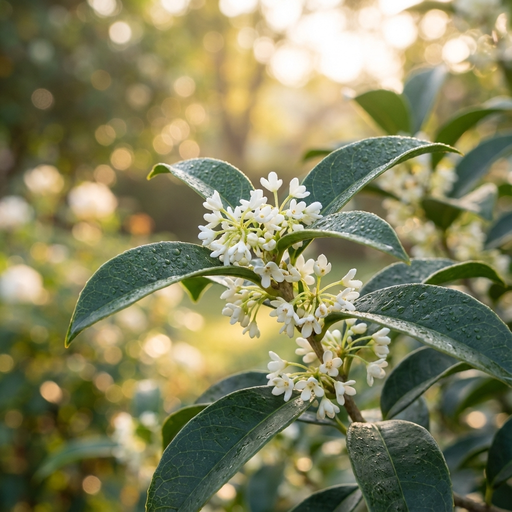 Sweet Osmanthus (Osmanthus fragrans) features small white flowers and green leaves with dew in soft morning light. An evergreen shrub, it’s perfect for a fragrant hedge, adding beauty and aroma to your garden.