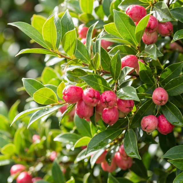 Bright pink cherry-like fruits of Lilly Pilly - Syzygium ‘Aussie Compact’ grow among glossy green leaves on sunlit branches—making it an ideal hedge plant for privacy screening in your garden.