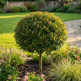 A neatly trimmed Syzygium australe 'Bush Christmas' (Bush Christmas Lilly Pilly) stands in a landscaped garden, forming a compact hedge among vibrant flowers and ornamental grasses.