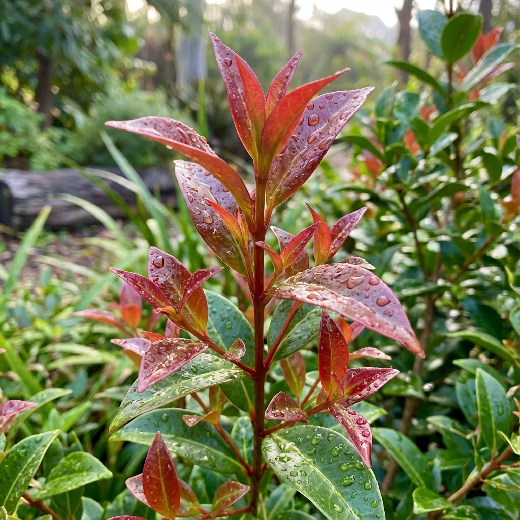 Red-tipped leaves with water droplets and lush green foliage showcase the Cheetah Lilly Pilly – Syzygium ‘Cheetah’, a fast-growing plant perfect for creating a vibrant, private hedge.