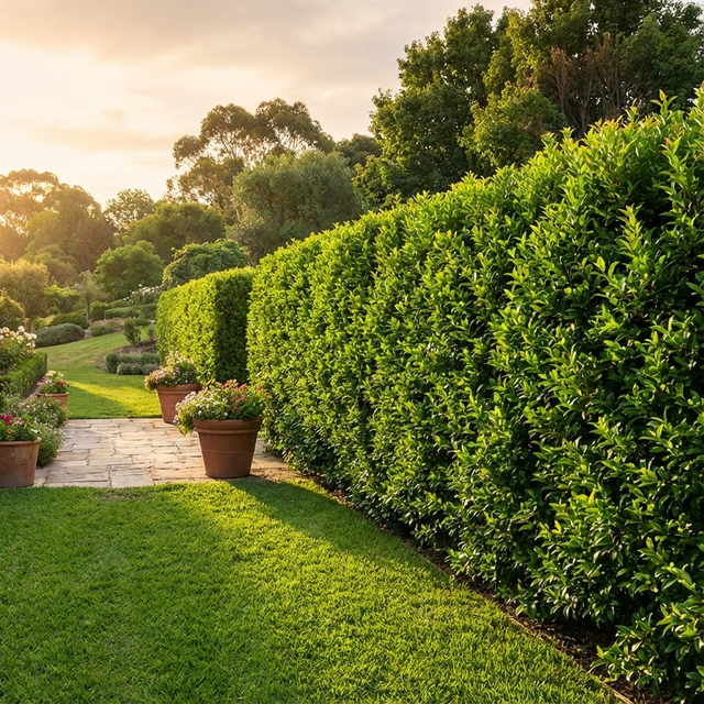 A garden at sunset with trimmed green hedges, potted plants, and a stone pathway features an Australian native hedge like the fast-growing Express Lilly Pilly - Syzygium ‘Express’, adding lush borders and structure.