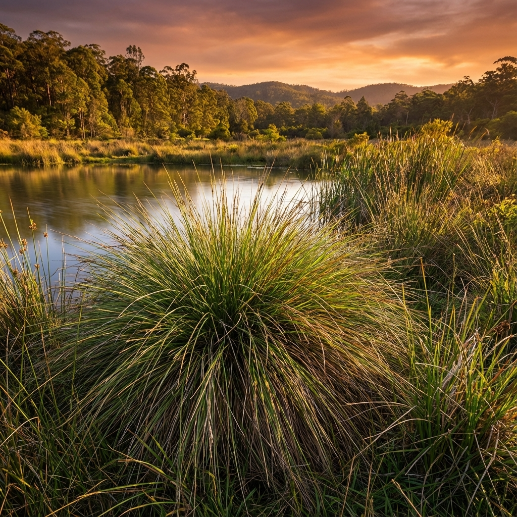 Sunset over a grassy wetland with Tall Sledge Grass (Carex appressa), a river, trees, and hills under a colorful sky—ideal for natural beauty and erosion control.