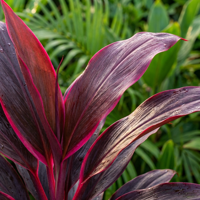 Red-edged purple leaves of Tangelo Cordyline (Cordyline fruticosa 'Tangelo') create a striking tropical look, standing out vividly against a blurred green background.