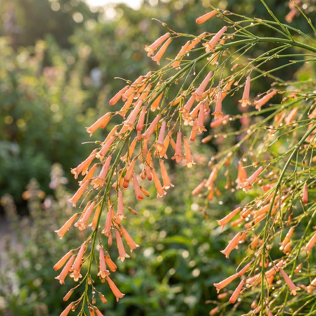 Tangerine Falls Firecracker Plant (Russelia ‘Tangerine Falls’) features slender green stems adorned with tangerine orange tubular flowers, cascading beautifully in a sunlit garden against a soft green backdrop.