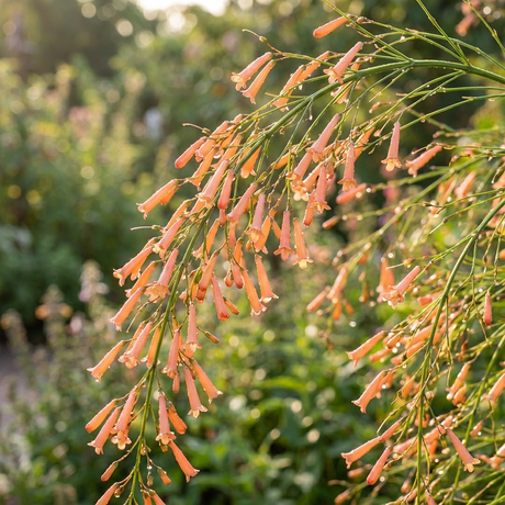 Tangerine Falls Firecracker Plant (Russelia ‘Tangerine Falls’) features slender green stems adorned with tangerine orange tubular flowers, cascading beautifully in a sunlit garden against a soft green backdrop.