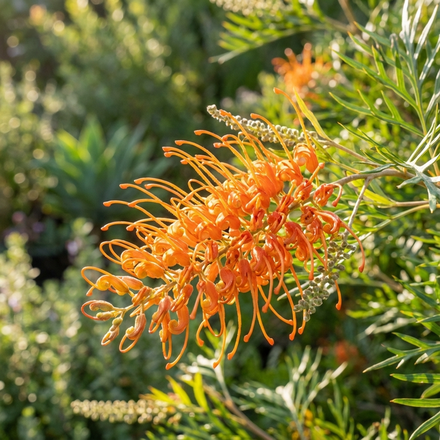 The Tangerine Squeeze Grevillea (Grevillea bipinnatifida x pteridifolia 'Tangerine Squeeze') features bright orange blooms among green, slender leaves. This drought-tolerant shrub attracts birds and thrives in sunlight.