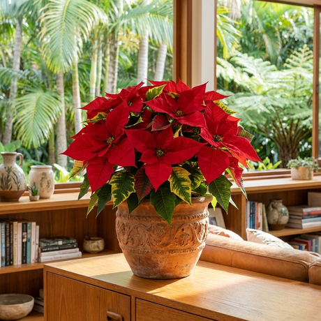 A Tapestry Poinsettia - Euphorbia pulcherrima ‘Tapestry’ with patterned bracts in a decorative pot sits on a table by the window, creating a striking indoor feature against the lush greenery outdoors.