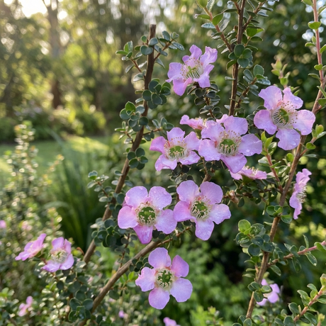 Close-up of Tea Tree - Leptospermum ‘Lavender Queen’, highlighting its delicate lavender-pink flowers and green leaves in a sunlit garden.