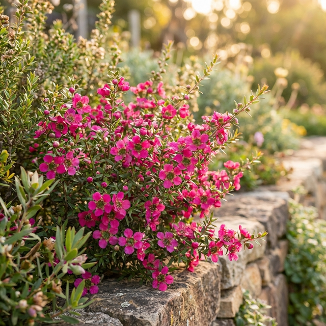 Tea Tree - Leptospermum ‘Lipstick’, a pollinator-friendly shrub with vibrant pink flowers, grows beside a sunlit stone wall in the garden.