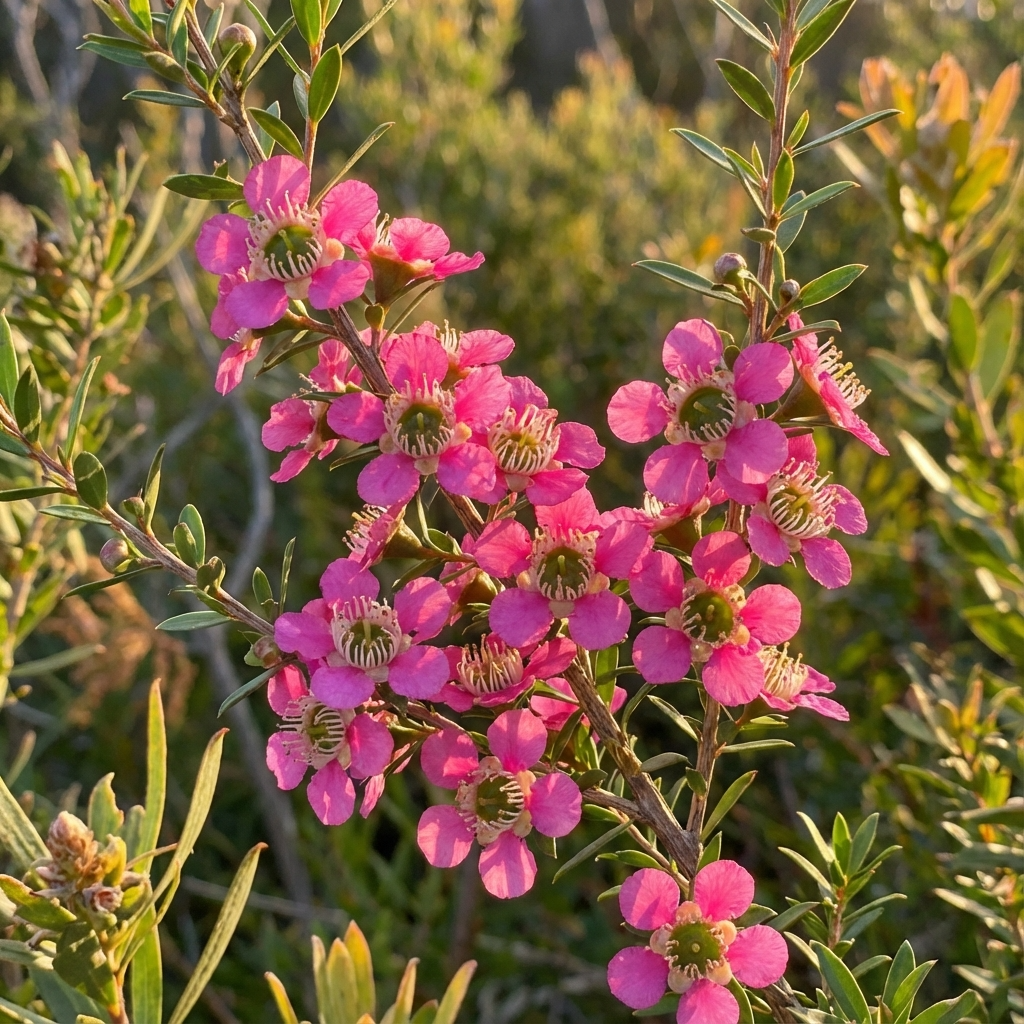 Pink flowers with green leaves bloom on the Tea Tree - Leptospermum ‘Tickled Pink’, a native shrub thriving in sunlight amid lush foliage.