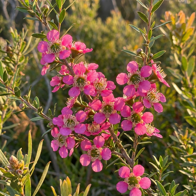 Pink flowers with green leaves bloom on the Tea Tree - Leptospermum ‘Tickled Pink’, a native shrub thriving in sunlight amid lush foliage.
