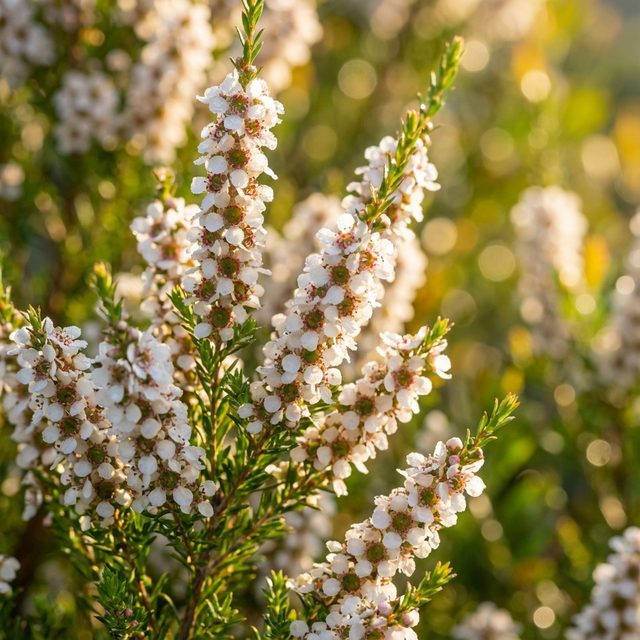 Close-up of blooming Tea Tree - Leptospermum liversidgei ‘Mozzie Blocker’, an Australian native, with green stems in soft, golden sunlight.