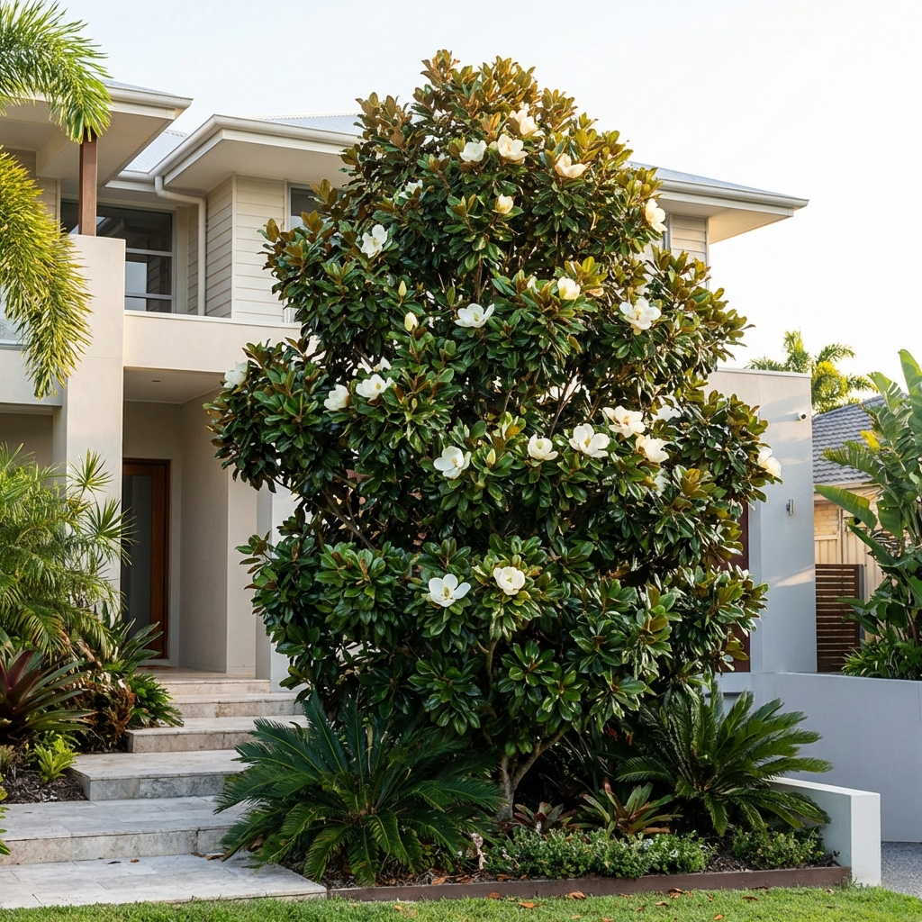 The Teddy Bear Magnolia (Magnolia grandiflora 'Teddy Bear'), an evergreen tree with fragrant white blooms, stands before a modern gray house surrounded by lush green landscaping.