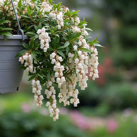 Gray hanging pot featuring Temple Bells Pieris (Pieris japonica 'Temple Bells'), an evergreen shrub with bell-shaped white flowers and lush green leaves, set against a blurred garden background.