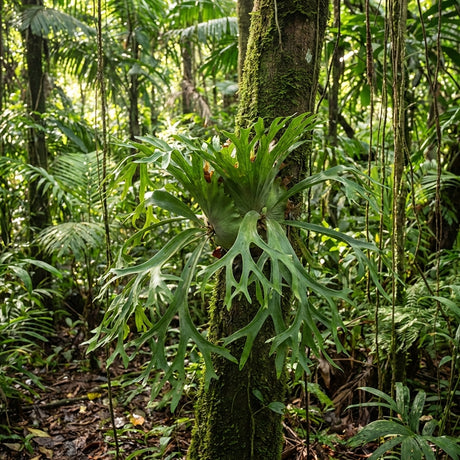 The Terrestrial Elkhorn Fern - Microsorum punctatum ‘Grandiceps’ thrives on a mossy tree trunk in a lush, green rainforest and is a low-maintenance fern, ideal for any shaded garden plant collection.