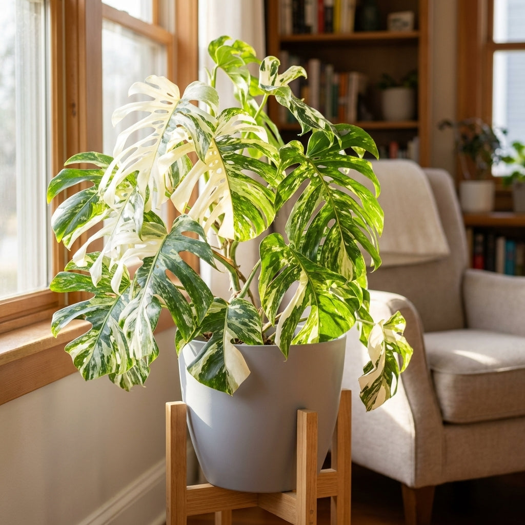 The Thai Constellation - Monstera deliciosa variegata in a gray pot on a wooden stand by a sunny window adds lush elegance to this cozy living room.
