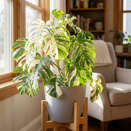 The Thai Constellation - Monstera deliciosa variegata in a gray pot on a wooden stand by a sunny window adds lush elegance to this cozy living room.