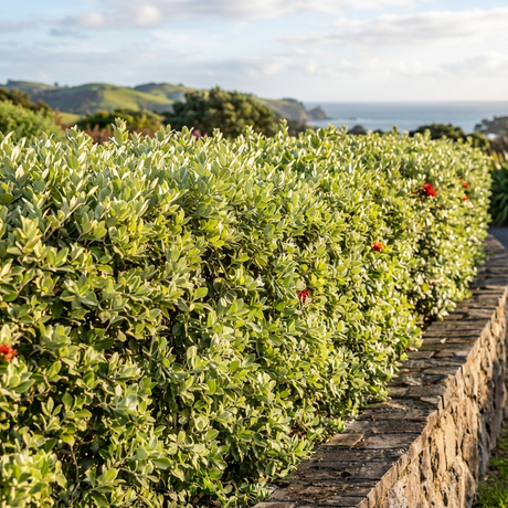 Thomas's Pohutukawa (Metrosideros thomasii), a coastal-hardy tree with green foliage and red flowers, grows beside a stone wall and offers views across scenic landscapes to distant hills.