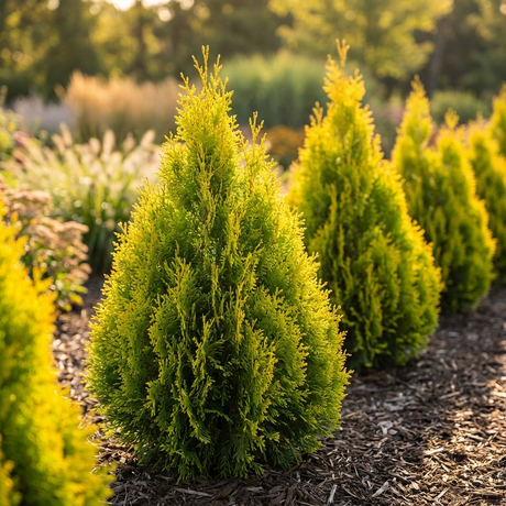Golden Biota (Thuja orientalis 'Nana Aurea')—compact, bright green-gold evergreen shrubs—are planted in a row with mulch in a sunlit garden.