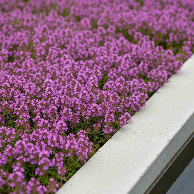 A dense bed of Thyme Magic Carpet (Thymus serpyllum), a drought-tolerant ground cover with small purple flowers, grows beside a white stone border.