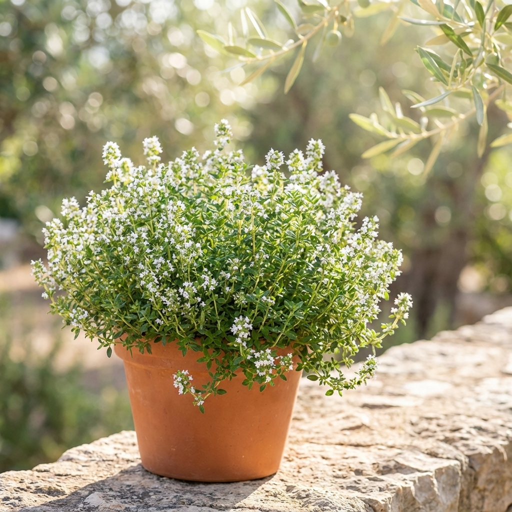 Lemon Thyme (Thymus citriodorus), a drought-tolerant herb with small white flowers, sits in a pot on a stone ledge outdoors, thriving in sunlight and ideal for use as groundcover.