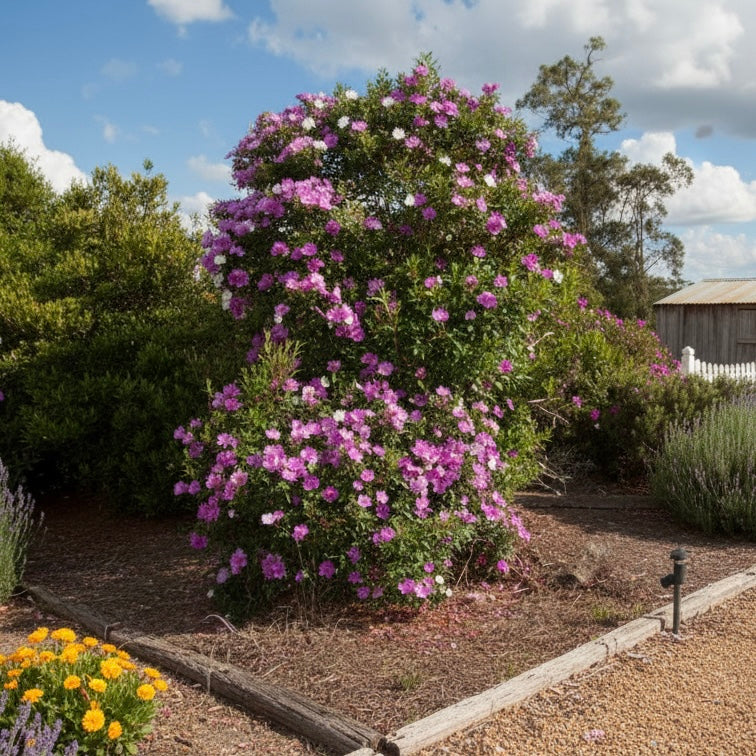 Tibouchina ‘Chameleon’ is a tall, compact flowering shrub with vibrant purple blooms that thrives in landscaped gardens under partly cloudy skies.