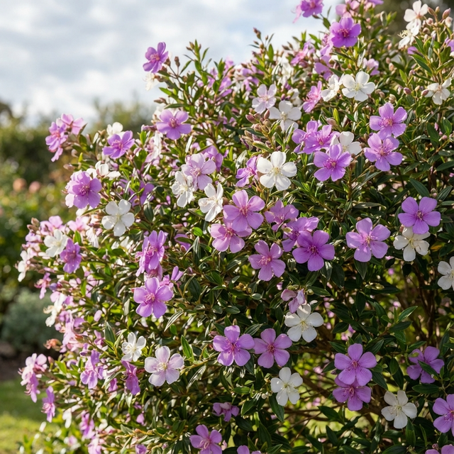Compact evergreen shrub, Tibouchina ‘Illusion’ dazzles with pink and white flowers in the garden, adding color and charm.