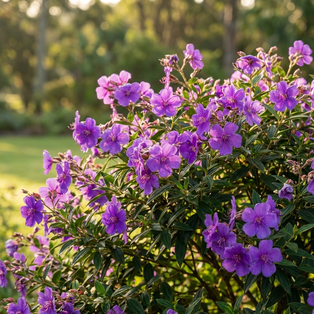 Tibouchina ‘Jules’ is a compact flowering shrub that adds vibrant purple clusters and lush greenery to any sunlit garden.