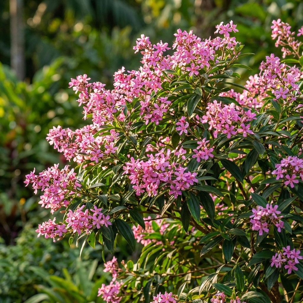 Tibouchina ‘Kathleen’ is a compact shrub with clusters of small pink and purple flowers and slender green leaves, perfect for adding vibrant color to your garden.