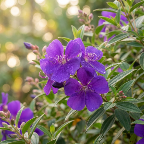 Purple blooms of Tibouchina ‘Little Beauty’, a compact flowering shrub, shimmer with dew on green stems, blooming outdoors against a softly blurred background.