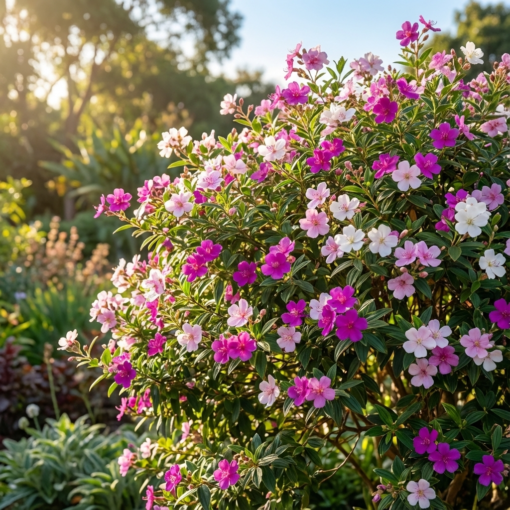 Pink and white flowers bloom on the Tibouchina ‘Chameleon’, a compact flowering shrub, in a sunlit garden with green foliage visible in the background.