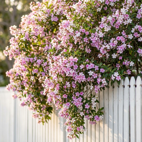 Pink and white flowers bloom over a white picket fence on a sunny day, while Tibouchina ‘Noelene’ adds vibrant purple blooms to the garden scene.