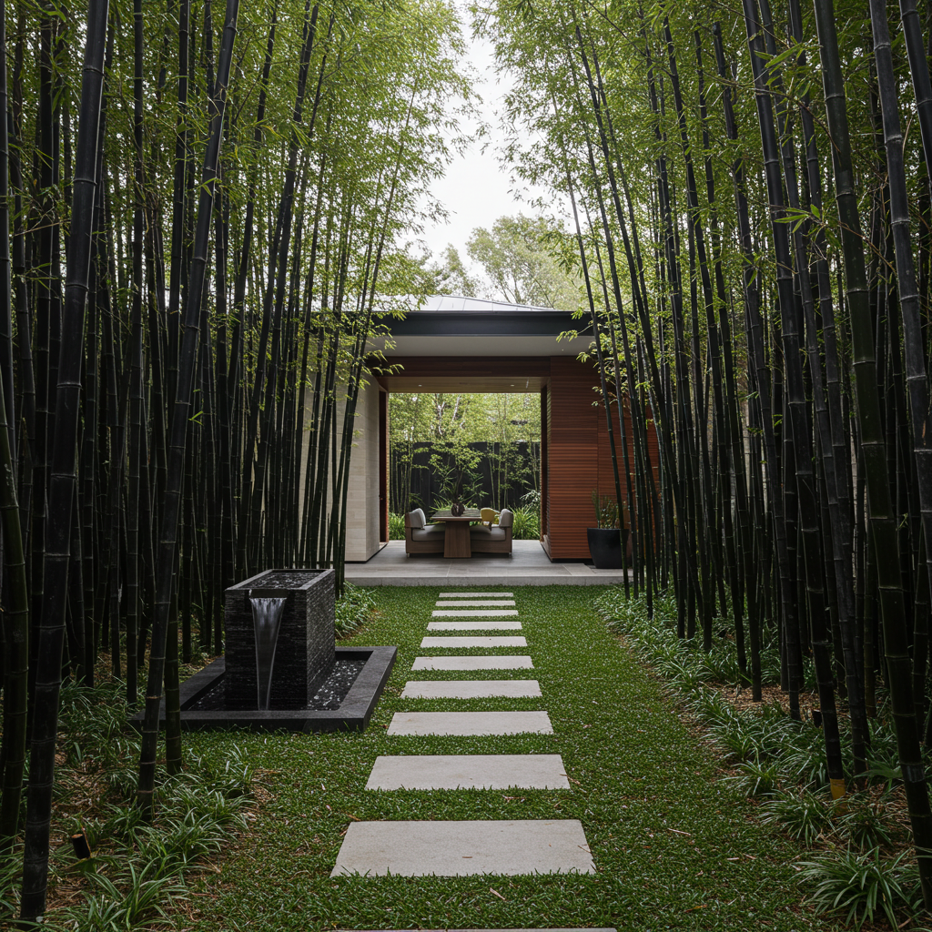 A stone path leads through Timor Black Bamboo (Bambusa lako) to a modern patio with chairs, beside a small square water fountain—perfect for a natural privacy screen.