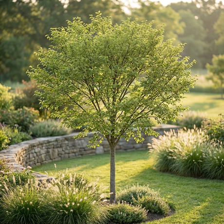 The Todd Chinese Elm (Ulmus parvifolia ‘Todd’) features green leaves and fits perfectly in landscaped gardens with stone walls and ornamental grasses, making it an ideal feature tree.