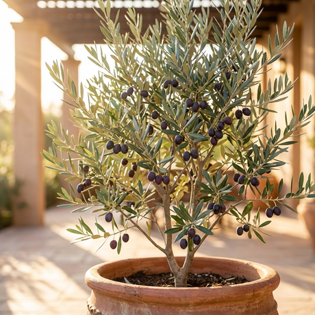 A Tolleys Upright Olive Tree (Olea europaea 'Tolleys Upright') with dark olives on its branches adds brightness to any sunny outdoor patio.