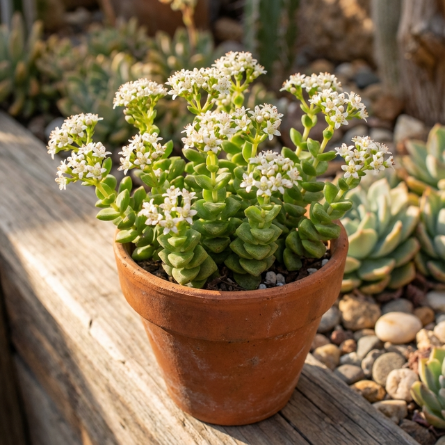 A compact Tom Thumb Crassula - Crassula rupestris 'Tom Thumb' with small white flowers sits on a wooden ledge, surrounded by other succulents and stones.