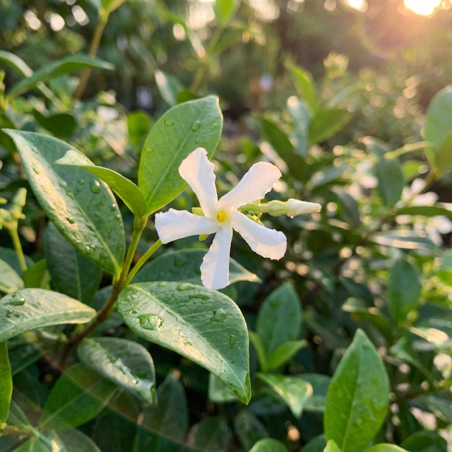 A Star Jasmine - Trachelospermum ‘Flat Mat’ flower with dew rests on lush evergreen foliage, bathed in sunlight in a garden.