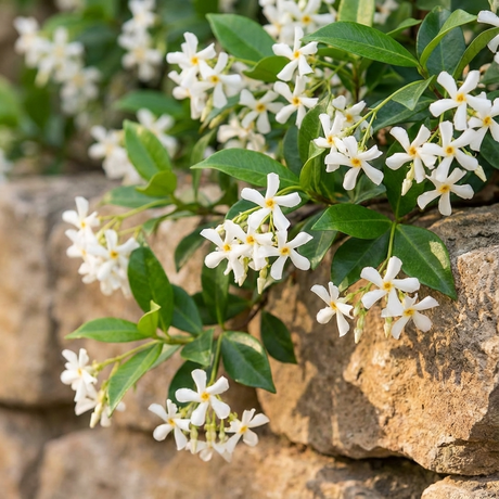Asiatic Star Jasmine (Trachelospermum asiaticum) features fragrant flowers and green foliage, growing as an evergreen groundcover over stone walls in sunny areas.