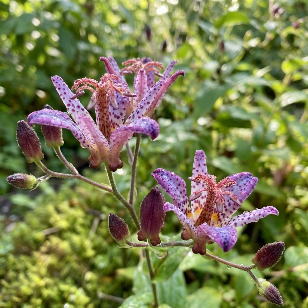 Two Tricyrtis formosana (Toad Lily) plants bloom with purple-speckled, orchid-like flowers and buds, highlighted by green foliage in sunlight.