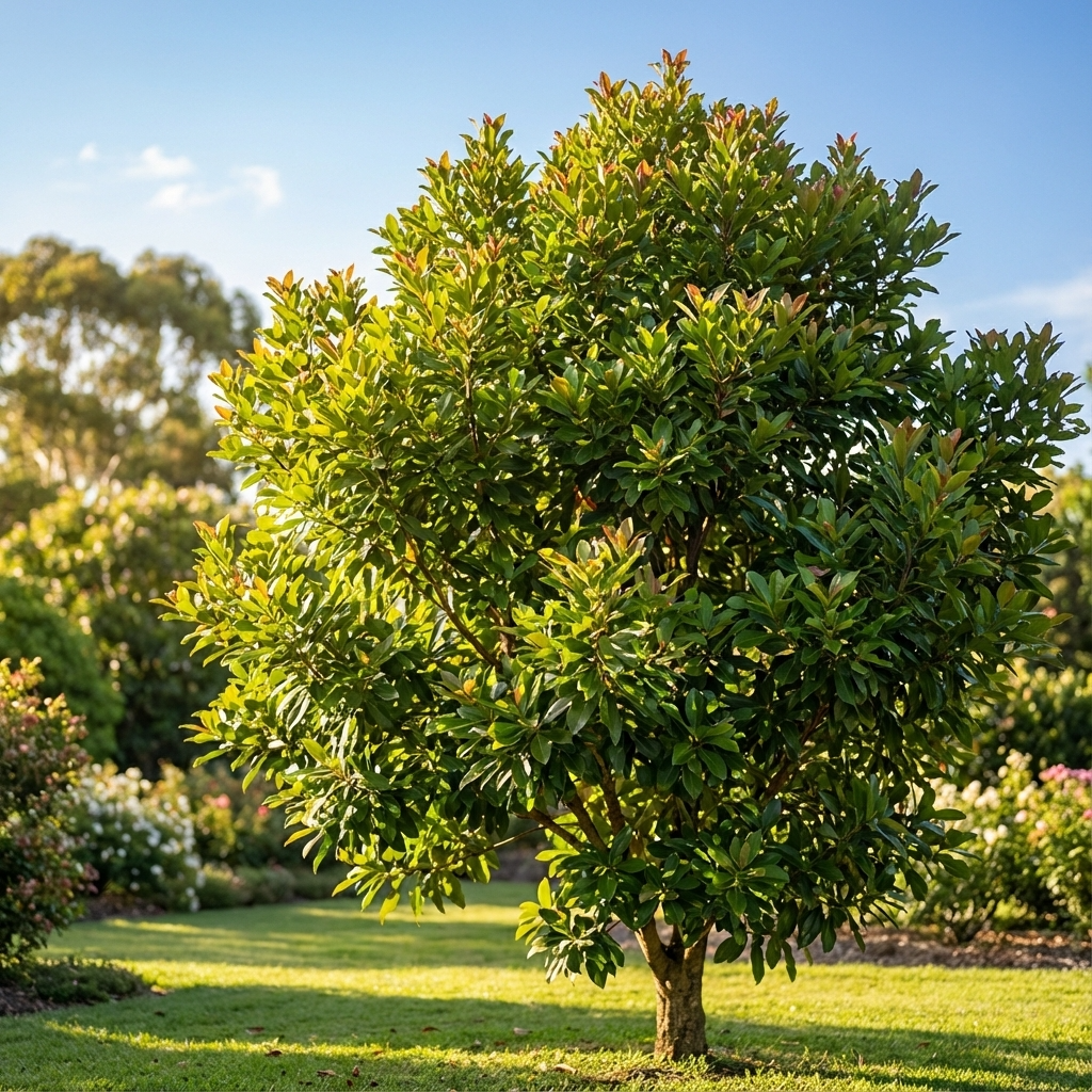 Luscious Water Gum (Tristaniopsis laurina 'Luscious') features dense green foliage and thrives in sunny gardens, making it an ideal low-maintenance feature tree for well-kept lawns.